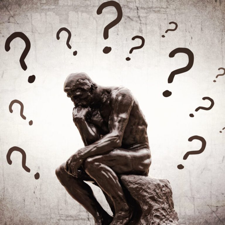 Rodins Thinker surrounded by question marks - Doubts and insecurities concept